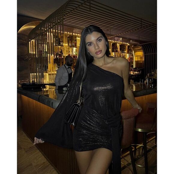 NWOT Zara Blogger’s Favorite Bronze Shiny Asymmetric Shimmer Mini Dress, Medium - Picture 13 of 16